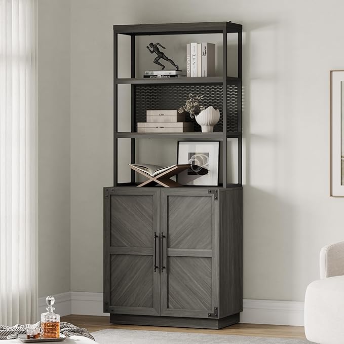 SICOTAS Tall Bookshelf with Storage Cabinet - Modern Book Shelf with Doors and Shelves, 5 Tier Bookcase with Metal Frame Industrial Large Book Case for Home Office, Living Room, 75 Inch, Ash Ash Gray