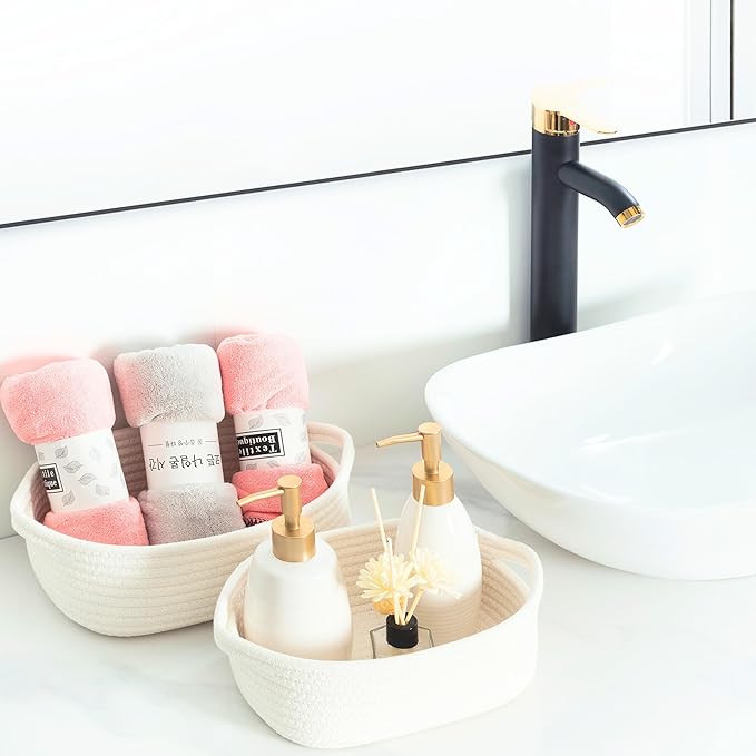 MINTWOOD Design 5-Piece Small Decorative Woven Storage Baskets Set for Shelves, Bathroom, Pantry and Nightstand Organizer, Catch All Tray for Organizing Gifts, Dog and Cat Toys, Creamy White
