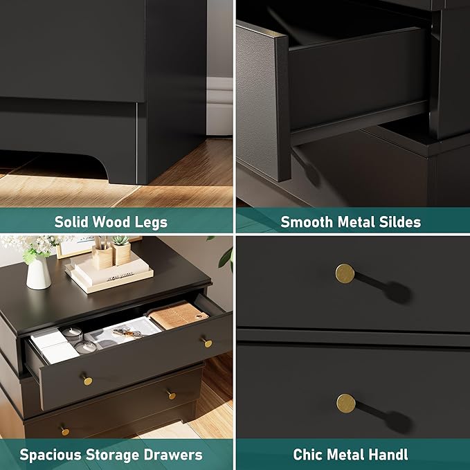 Nightstand with Charging Station, 28" Farmhouse Night Stand & Modern 3 Drawers Dresser for Bedroom,Wood End Table Storage Cabinet for Bedroom Hallway, Entryway, Home Office, Black