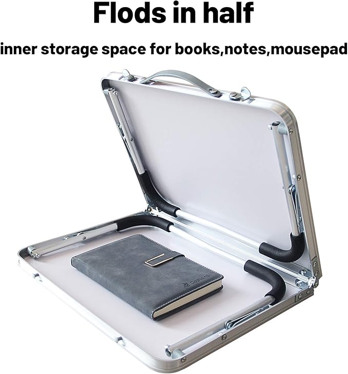 Foldable Laptop Table, Bed Desk, Breakfast Serving Bed Tray, Portable Mini Picnic Table & Ultra Lightweight, Folds in Half with Inner Storage Space (Bamboo Wood Grain)