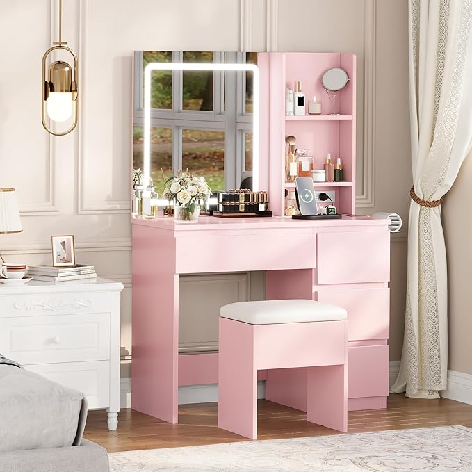 Vanity Desk with Mirror and LED Light, Vanity Desk with 4 Drawers, Power Outlet, Storage Stool, Storage Shelves & Hair Dryer Holder, Adjustable 3 Lighting Mode, Makeup Vanity Set for Bedroom, Pink