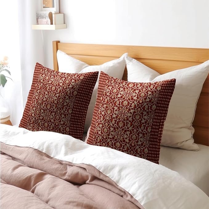 Kawani Red Antique Pillow Covers 18x18 Inch Vintage Floral Block Print Decorative Throw Pillows Set of 2 Retro Turkish Pillowcases for Couch Indoor Outdoor Home Decor