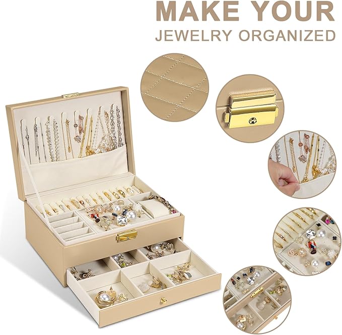 Jewelry Box for Women Girl Wife - Large PU Leather Jewelry Organizer Storage Case with Two Layers Display for Earrings Bracelets Rings Watches (Champagne)