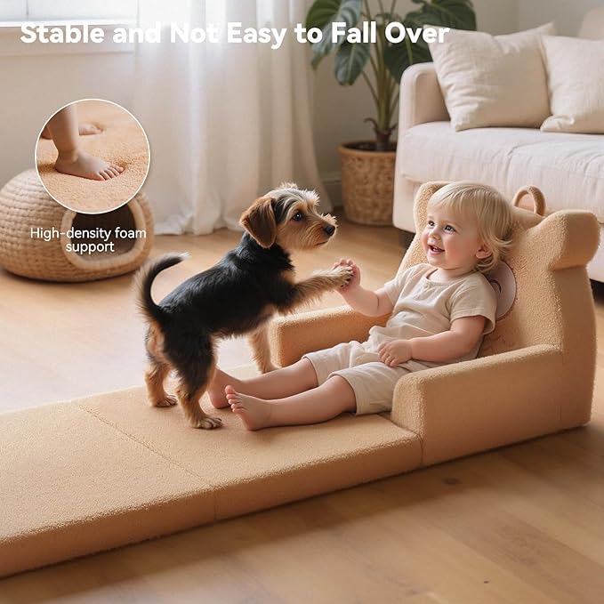 Toddler Couch, 3-Fold Convertible Kids Couch with Cute Owl Design, Fold Out Toddler Chair for 1-3 Years Old, Soft Baby Sofa Bed for Playroom, Washable Cover