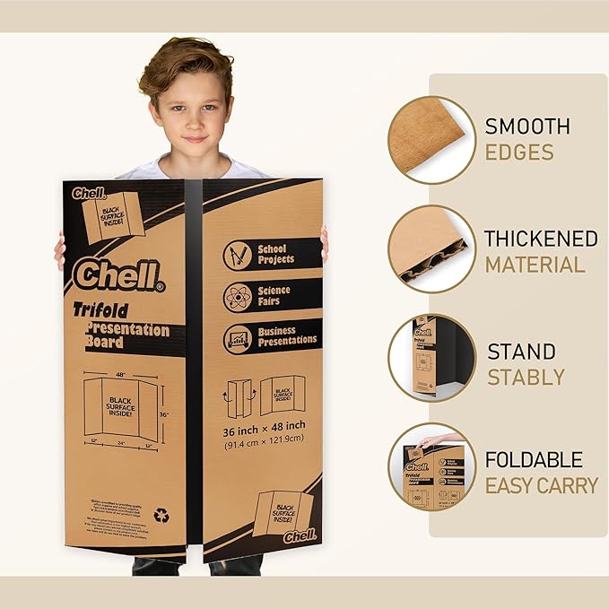Chell 36" x 48" Large Trifold Poster Board, 4 Pack, Black Corrugated Project Boards for Science Fair, School Projects, Event Displays and Business Presentations
