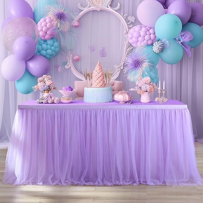 2 Pack 6ft Lavender Table Skirts for Rectangle Tables or Round Tables Lavender Ruffle Tulle Tutu Tablecloth for Girls Baby Shower Birthday Party Wedding Cake Dessert Table Decorations