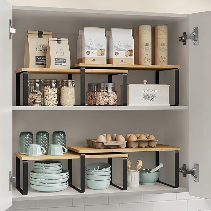 2 Pack Cabinet Organizer Shelves, Stackable and Expandable Kitchen Counter Shelf, for Kitchen Cabinet Countertop Storage, Spice Rack, Metal and Premium Bamboo (White, 15.6" W)