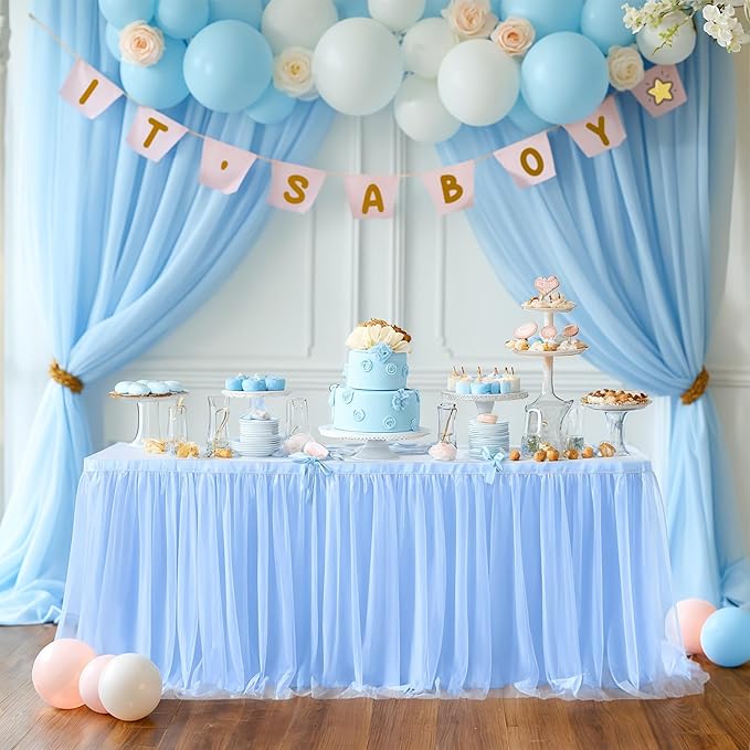 Baby Blue Table Skirt for Baby Shower Boy 6ft Light Blue Tulle Tutu Table Cloth for Elephant Birthday Party Ocean Baby Shark Gender Reveal Wedding Bridal Shower Cake Table Decorations