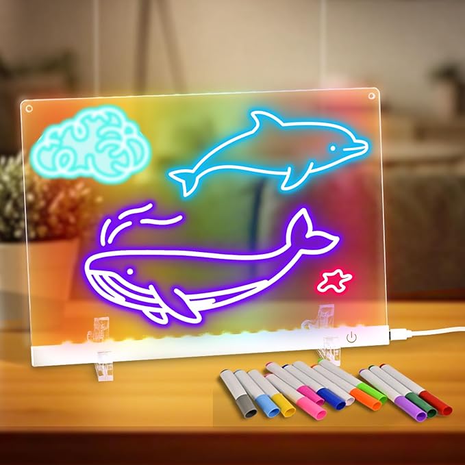 Acrylic Dry Erase Board with Light 11.8"x8.5" Light up Dry Erase Board Brightness Adjustable as Glow Memo LED Letter Message Note Board with Stand Led White Board with 12 Pen for School Home (White)