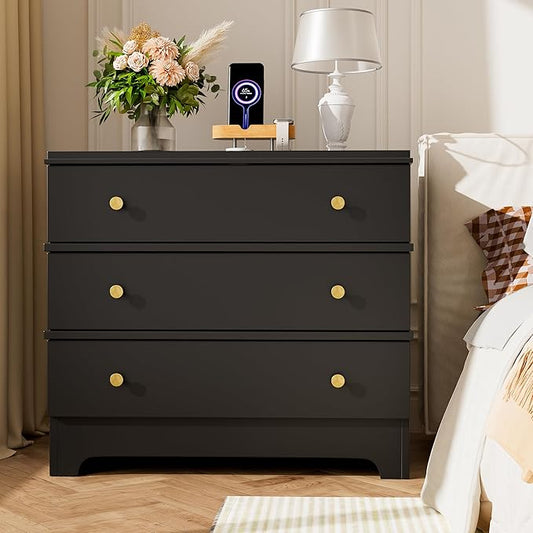 Nightstand with Charging Station, 28" Farmhouse Night Stand & Modern 3 Drawers Dresser for Bedroom,Wood End Table Storage Cabinet for Bedroom Hallway, Entryway, Home Office, Black