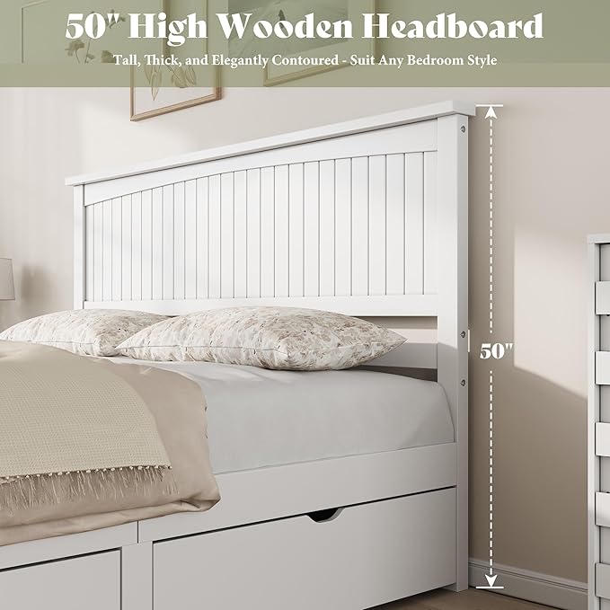 AMERLIFE Queen Size Solid Wood Bed Frame with 50" Tall Headboard, Mid-Century Modern Bed with Storage, Wooden Platform Bed with 2 Drawers, No Box Spring Needed, White