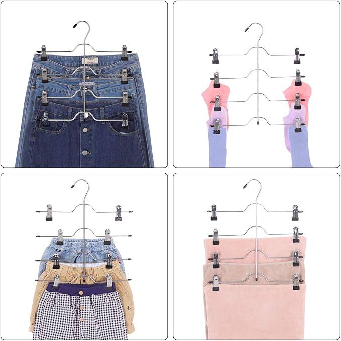 SONGMICS Pants Hangers, Set of 3, 4 Tiers Non-Slip Skirt Hangers, Space Saving Pants Organizers, for Closet, Silver and Black UCRI042BK