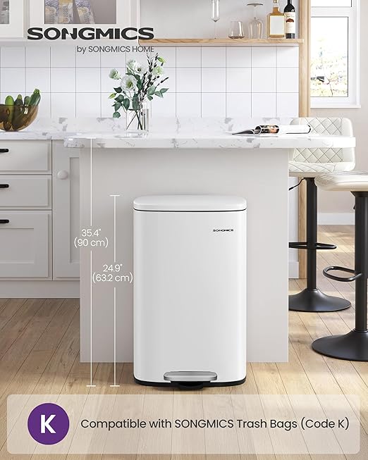 SONGMICS 13 Gallon (50 L) Trash Can, Stainless Steel Kitchen Garbage Can, Recycling or Waste Bin, Soft Close, Step-On Pedal, Removable Inner Bucket, White ULTB050W01