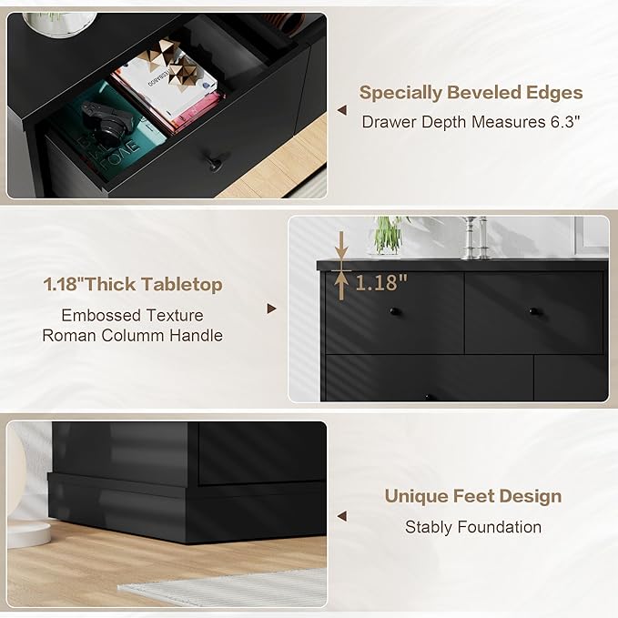 JUMMICO Dresser for Bedroom, Wide Chest of Drawers with 5 Wood Dresser Drawers, TV Stand, Modern Design for Bedroom, Living Room, Hallway, and Entryway (Black)