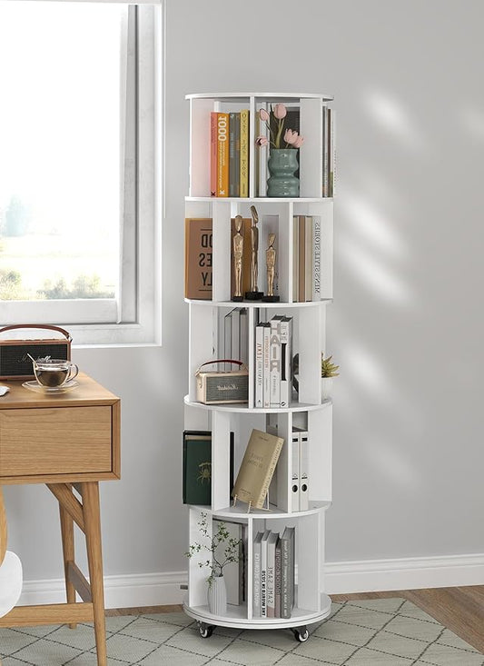Baoz 5-Tier Rotating Bookshelf Tower, 360° Display Stackable Spinning Bookshelf with Wheels, Floor Standing Corner Revolving Bookcase, Rotating Book Shelf for Kids Rooms, Living Room, Bedroom - White