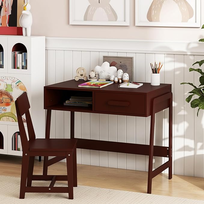 HONEY JOY Kids Desk and Chair Set, Wooden Children School Study Table and Chair w/Storage Drawer & Hutch, Student Writing Desk Computer Workstation for Bedroom, Gift for 3+ Years Old (Brown)