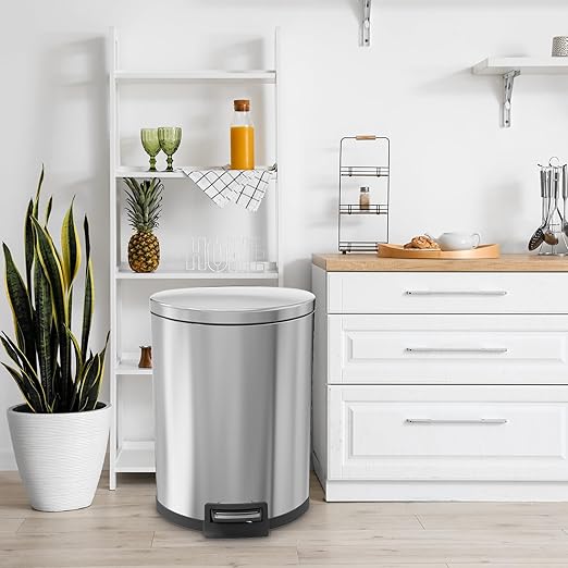 Kitchen Trash Can with Lid - 14.5 Gallon/ 55 L Semi-Round Stainless Steel Trash Can with Removable Inner Liner,Lid Soft Close,Fingerprint Proof,Foot Pedal Garbage Can for Home Office, Silver