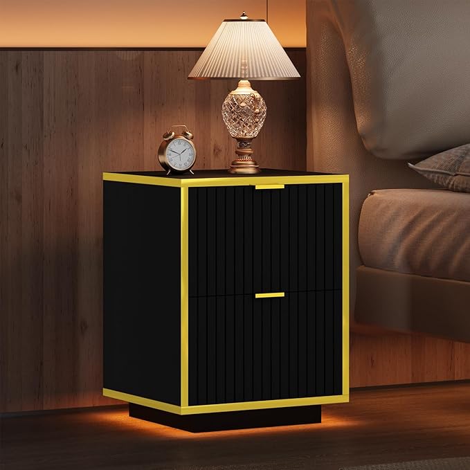 4ever2buy Black Nightstand with LED Lights, Morden Bedside Table with Gold Frame, Fluted Nightstand with Drawers, 18 Inch Night Stand with Storage, Side Table for Bedroom, Black and Gold
