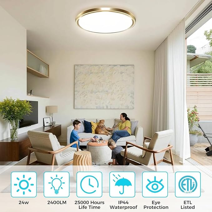 zemty 6Pack LED Ceiling Light Fixture, 6.5-Inch 12W 1200lm Small Flush Mount Light, Adjustable 3000K 4000K 6500K Color Temperatures, Round Flat Recessed Lamp for Kitchen Closet Hallway Laundry, Gold