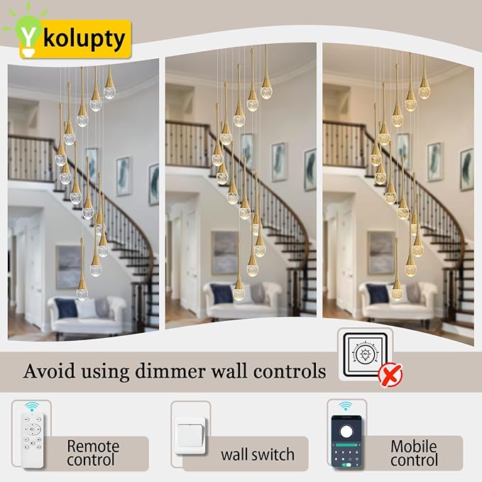 12-Lights Staircase Chandelier Gold Pendant Light Fixture for Sloped High Ceiling Raindrop Chandelier for Living Room Foyer Hallway Villa