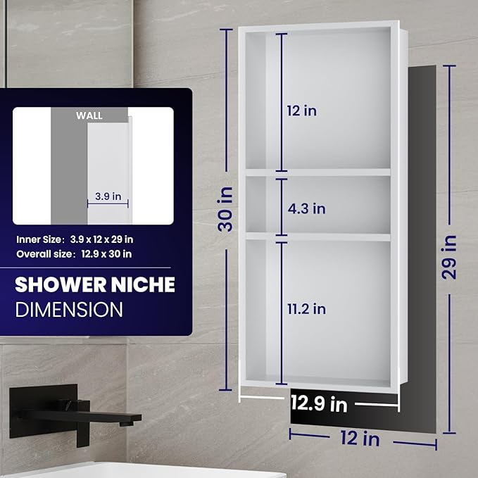 Stainless Steel Shower Niche 12" x 30", 3-Tier Shower Niches No Tile Needed, Recessed Niche for Shower Wall, Shower Niche Shelf for Bathroom Storage, White