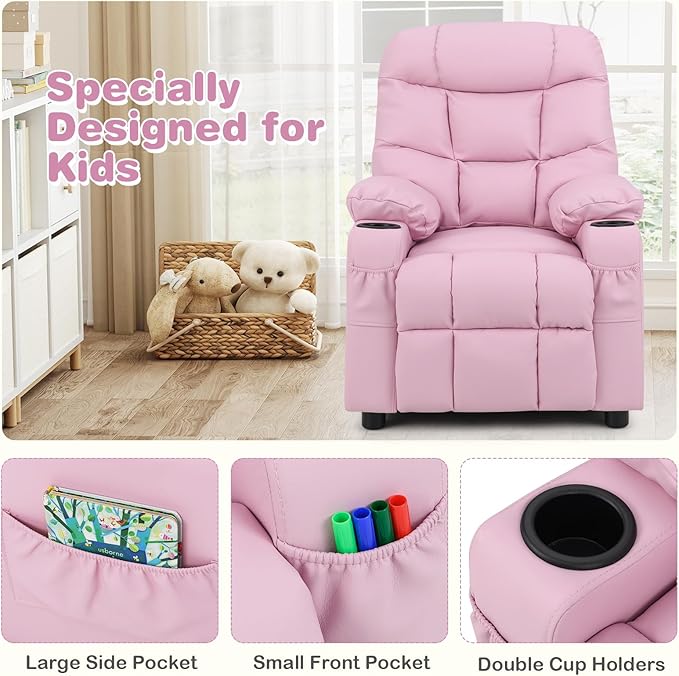 Kids Recliner, Kids Recliner Chair w/ 2 Cup Holders, PU Leather Kids Chairs Comfy w/Adjustable Backrest & 3 Pockets, Toddler Furniture Sofa for Boys Girls Aged 3+ (Pink)
