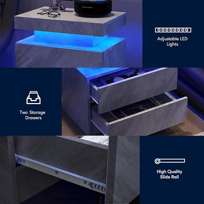 LED End Table Set of 2 Modern Bedside Table with Storage End Tables Bedroom with 2 Drawers for Bedroom Living Room All Grey