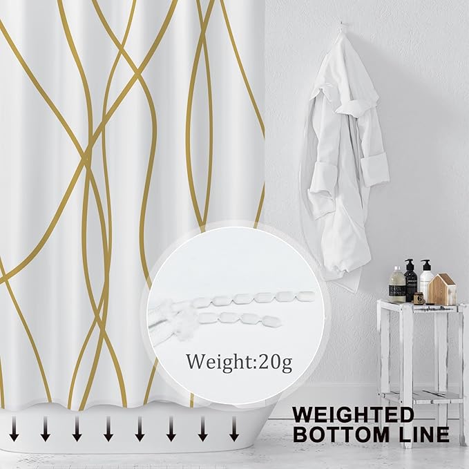 Punkray Gold Light Brown and White Striped Wavy Line Polyester Shower Curtain for Bathroom with Hooks, Shower Curtain Set Stripe Bath Curtains Decor Weighted Hem Washable, 72 x 72