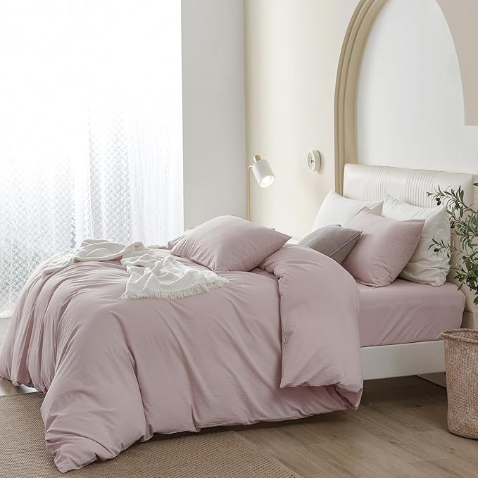 JIYUAN 100% Washed Cotton Duvet Cover Set 3 Pieces King, 1 Duvet Cover 104x90 Inches (Comforter Not Included) and 2 Pillowcases,Linen Feel Bedding Set Comfy and Breathable, Heathered Greyish Pink
