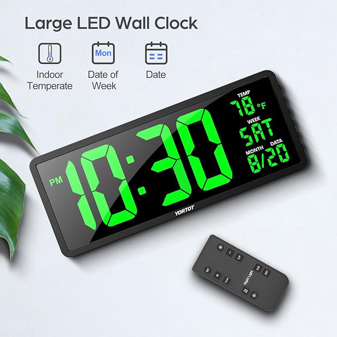 YORTOT 16” Large Digital Wall Clock with Remote Control and 7 Night Lights, 4 Level Dimmer, Super Easy to See, Big LED Clock with Indoor Temperature, Date, Perfect for Home, Office, Gym (Green)