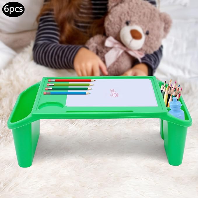 6 Pcs Kids Lap Desk Tray, Plastic Breakfast Lap Desk Trays with Side Pockets and Slot, Portable Lap Table Snack Tray for Eating, Writing, Drawing, Game, 19.69" L x 9.84" W x 7.1" H (Green*6)