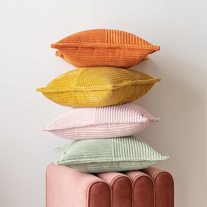 MIULEE Decorative Throw Pillow Covers for Couch Bed Livingroom 18x18 Inch Set of 2 Pink Boho Accent Throw Pllows Broadside Striped Patchwork Soft Corduroy Pillowcases