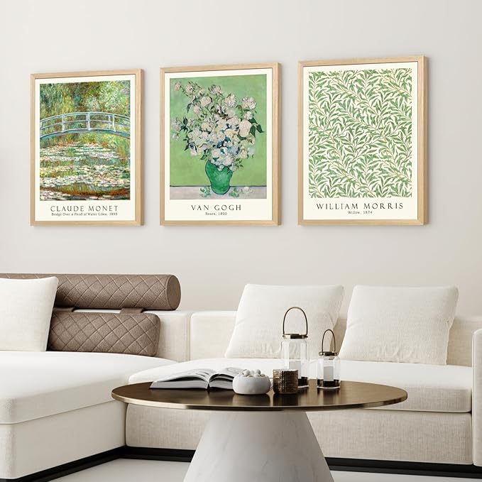 FASWQ Wood Framed Monet Van Gogh William Morris Wall Art, Grass Botanical Wall Decor, Mid Century Impressionist Canvas Paintings, Modern Green Landscape Poster Print for Living Room Bedroom 16"x24"x3