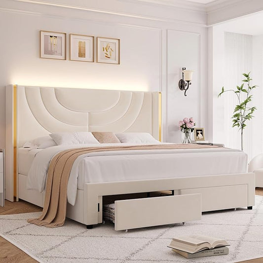 HITHOS King Upholstered LED Bed Frame with 2 Storage Drawers, Velvet Platform Bed with Wingback Headboard, Solid Wooden Slats Support, No Box Spring Needed, Headboard Splicing Design, Beige