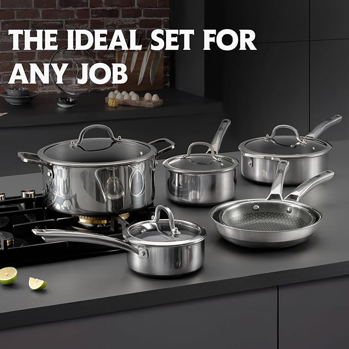 SNOWCLAD Pots and Pans Set Non Stick, 10 Pcs Hybrid Stainless Steel Cookware Sets, Non Stick Frying Pans, Saucepans, Saute Pan & Stock Pot, PFOA Free Kitchen Skillet,Induction Compatible