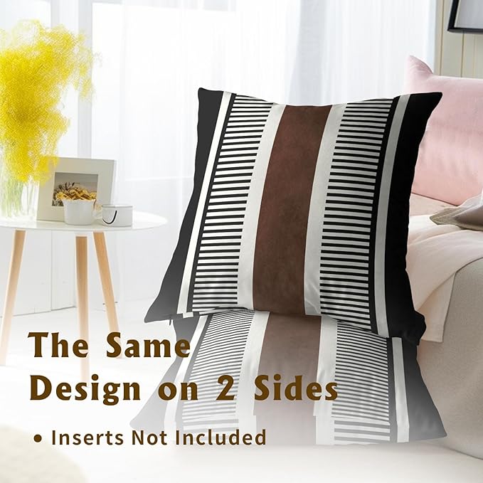 Kawani Boho Decorative Throw Pillow Covers 18x18 Inch Black White Brown Stripe Pillow Covers Set of 2 Farmhouse Rustic Decorative Pillows Modern Geometric Pillow Cases for Couch Decor