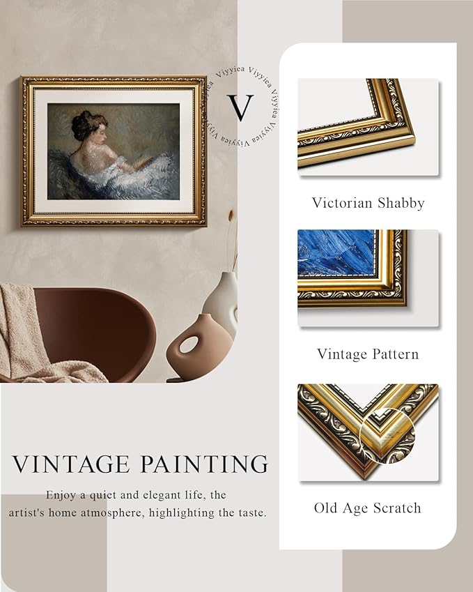 VIYYIEA Gold Framed Wall Art Canvas Print Home Decor Portrait Wall Art Sitting Woman Vintage Decor Room Aesthetic Mid Century Lady Elegant Farmhouse Painting Wall Decor for Bedroom Bathroom 13x16in