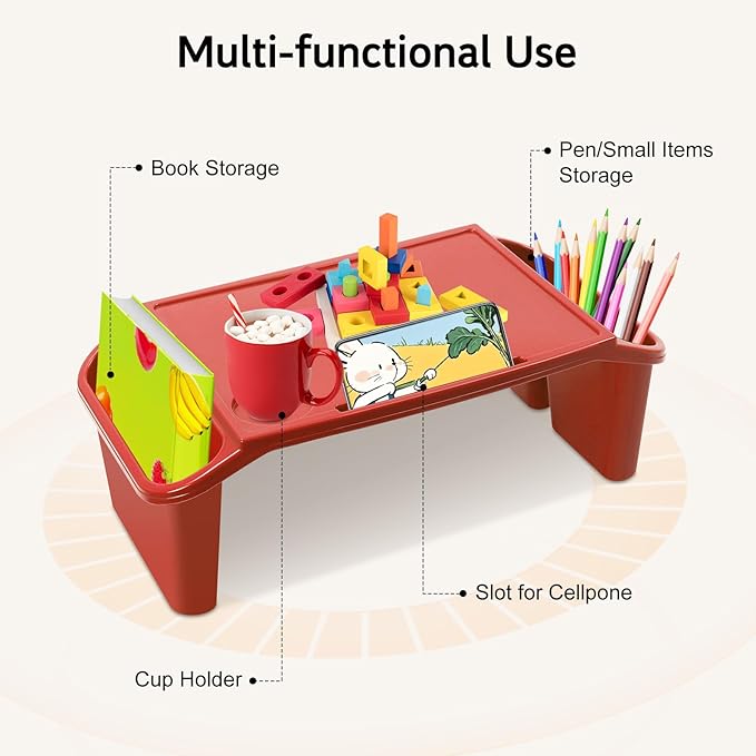 Kids Lap Desk Tray Set of 6, Portable Activity Table, Plastic Stackable Tray for Drawing, Writing, Eating, Classroom, 19.69" L x 9.84" W x 7.09" H, Red + Green + Blue + Yellow + Black + White