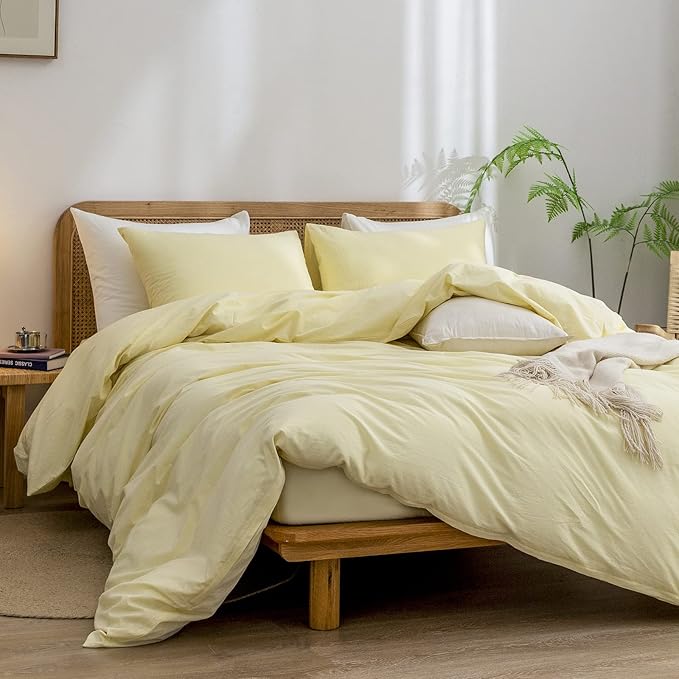 BESTOUCH Duvet Cover Set 100% Washed Cotton Linen Feel Super Soft Comfortable Chic Lightweight 2 PCs Home Bedding Set Solid Light Yellow Twin/Twin XL