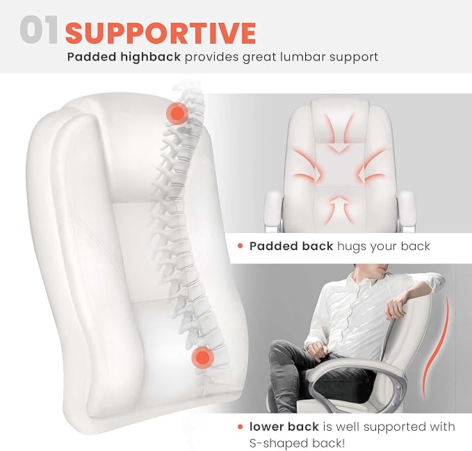 NEO CHAIR Office Desk Ergonomic Gaming Chair High Back Adjustable Computer Chair with Wheels and Lumbar Support Comfy Leather Executive Swivel (White)