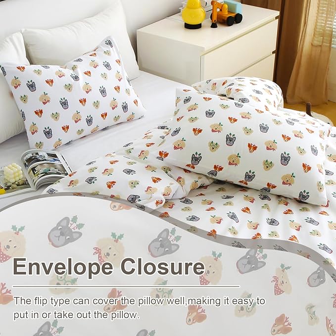Ivellow Queen Duvet Cover Set Dog Animal White 100% Cotton Duvet Cover for Kids Cute Bedding Set 3Pcs Ultra Soft Breathable Kids Duvet Cover Patterned Cartoon Comforter Cover Boys Girls Toddler Teen