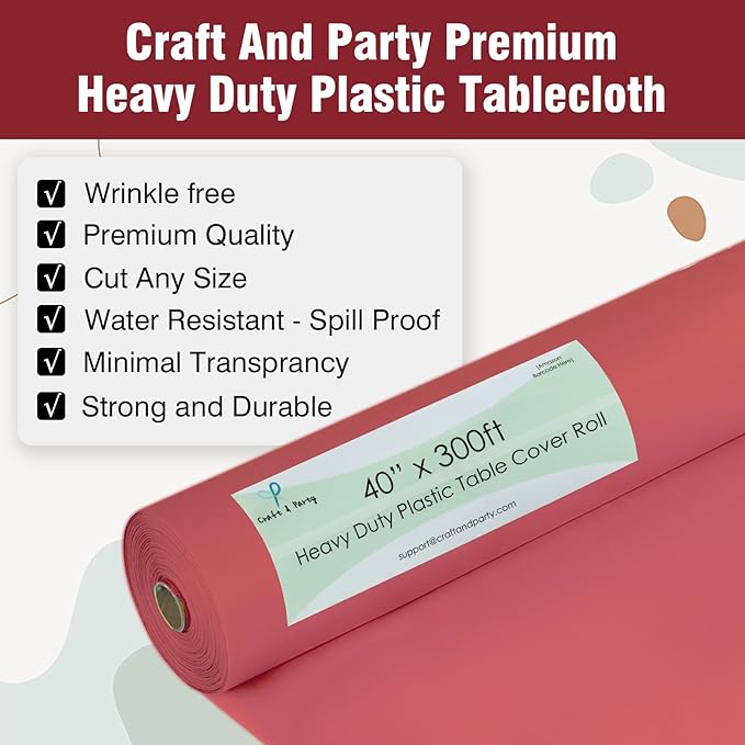 Craft And Party Coral Plastic Table Cover Roll, 40Inch X 300Feet Disposable Plastic Tablecloth, Banquet Rectangle Tablecover Roll