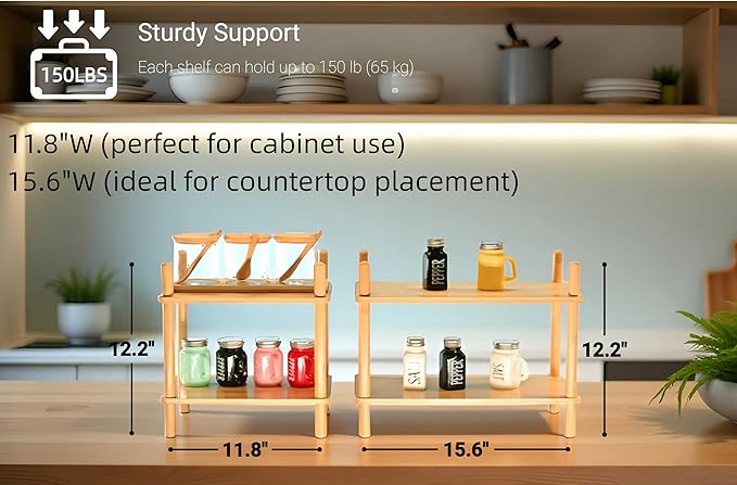 Bamboo Rack | Tool-Free Expandable (2-6 Tiers) | Kitchen Spice Organizer & Office Breakroom Snack/Cup Storage (Natural Bamboo)(Powered by Gogogo) (Natural, 15.6" W(3 Tier))
