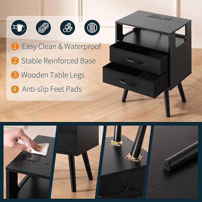 Yoobure LED Night Stand with Charger Station, Mid Century Modern Nightstand with Fabric Drawers, Bedside Table Nightstands with Storage Shelf, Bed Side Table Small Night Stands for Bedroom Living Room