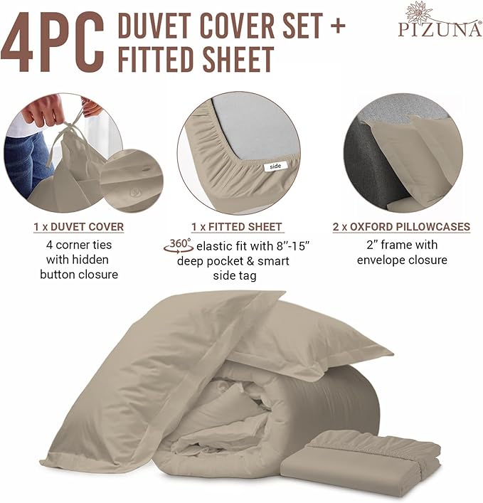 Pizuna 100% Cotton Queen 3 Pc Duvet Cover + 1 Pc Fitted Sheet Set 400 Thread Count Simply Taupe Sateen Weave Luxurious Long Staple Cotton 4 Pc Bedding Set-1 Duvet Cover,2 Pillow Shams,1 Fitted Sheet