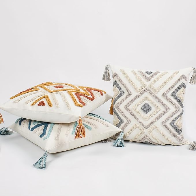 Boho Pillow Covers 18X18 Inch Boho Tufted Throw Pillow Covers Decorative Tassels Cushion Cover Farmhouse Pillow Case for Couch Sofa Bed Living Room Bedroom, Teal