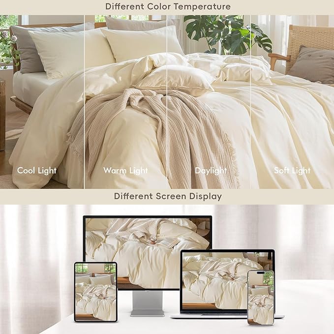 MooMee Bedding Duvet Cover Set 100% Washed Cotton Linen Like Textured Breathable Durable Soft Comfy (Solid Cream White, Super Queen 90"x98")