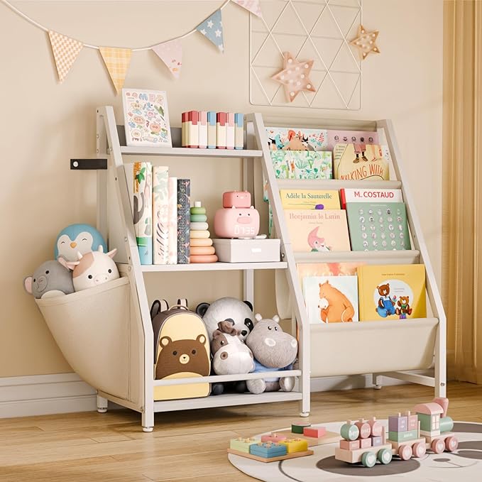 Kids Bookshelf and Toy Organizer, 3 Tier Bookshelf for Kids, Montessori Bookcase Book Shelf Rooms, Bedroom, Playroom, Nursery, Toy Storage Organizer with Bookshelf (White)