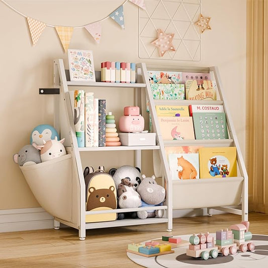 Kids Bookshelf and Toy Organizer, 3 Tier Bookshelf for Kids, Montessori Bookcase Book Shelf Rooms, Bedroom, Playroom, Nursery, Toy Storage Organizer with Bookshelf (White)