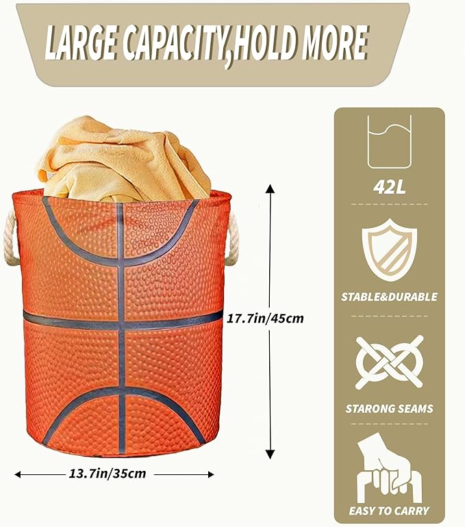Basketball Hamper for Boys Room Decor Funny Tote Bag Kids Laundry Basket For Teen Boy Girl Ball Gift 17.7x13.7 Inch